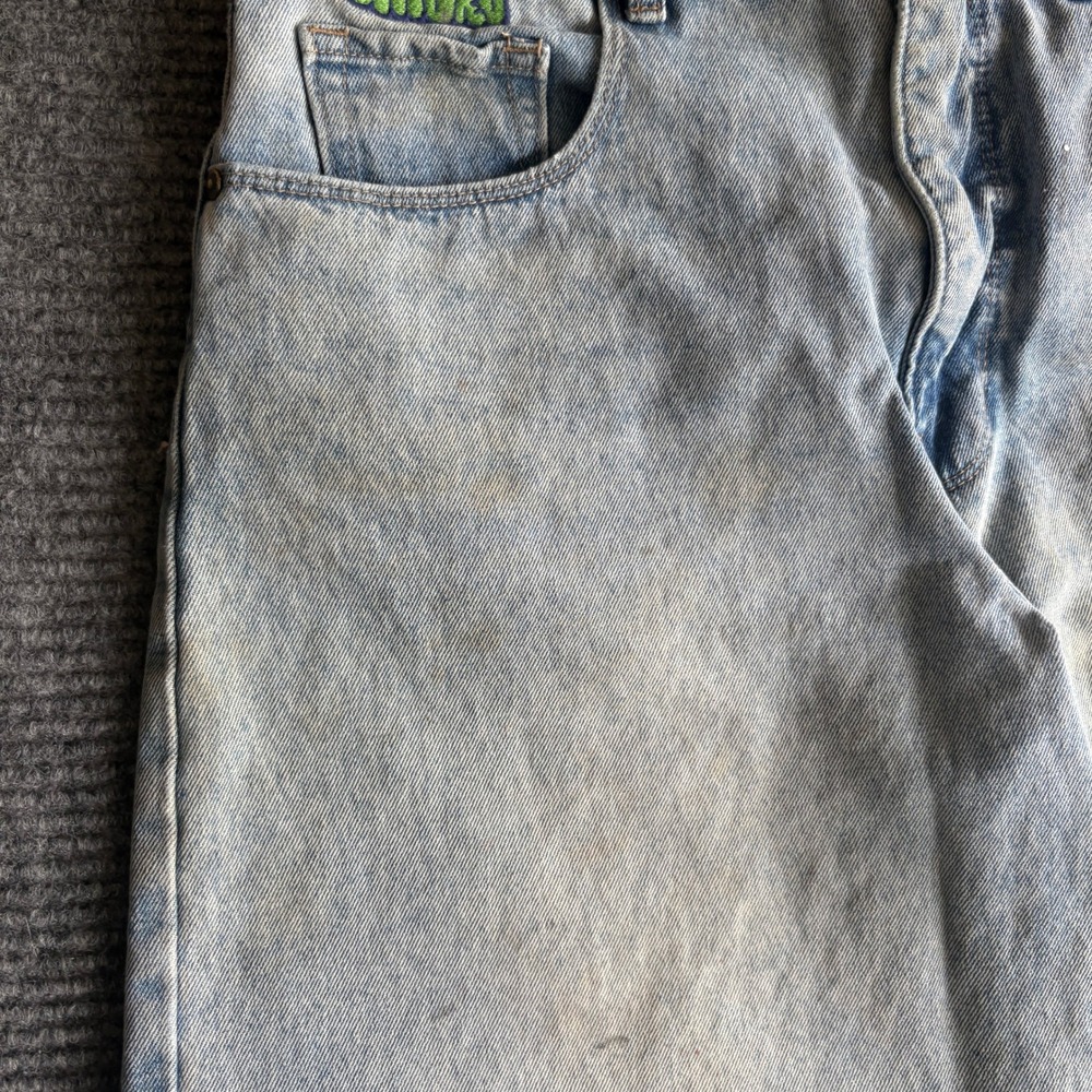 Empyre Light Wash Denim Mini Skirt Size 10 Embroidered Logo Raw Hem Frayed Blue - Picture 3 of 12